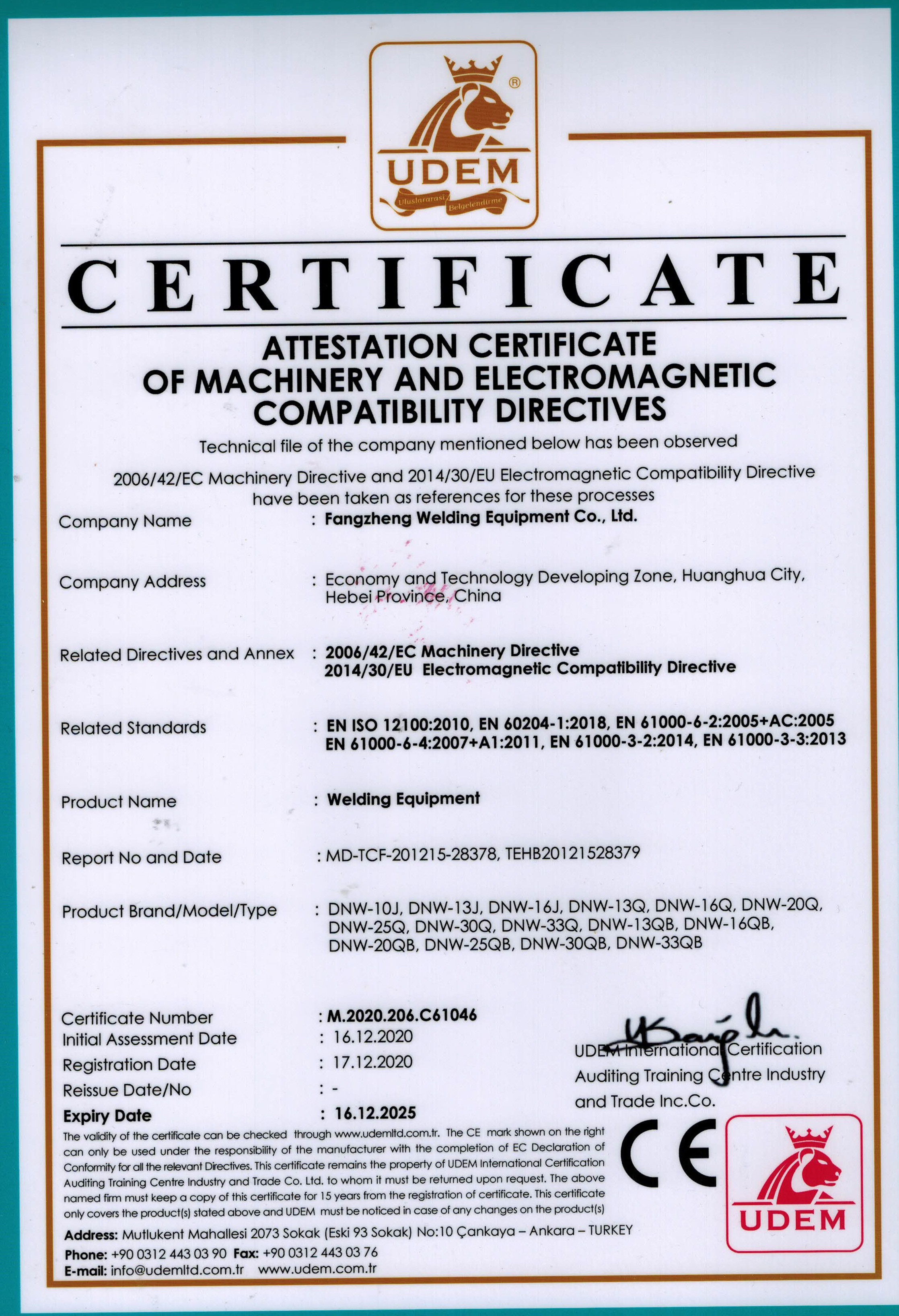 China Huanghua Fangzheng Welding Equipment CO., Ltd Certificaten
